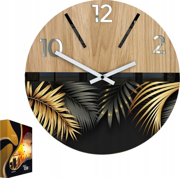 Zegar Ścienny Drewniany Dębowy Akrylowy Golden 33cm Okrągły Kwarcowy
