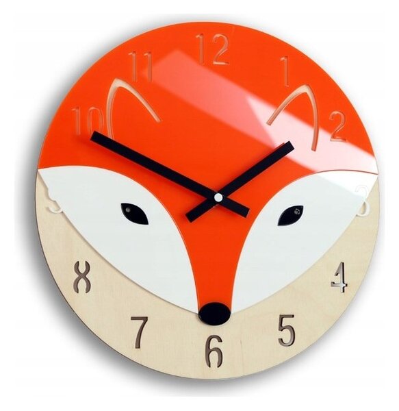 Zegar Brzozowy Ścienny w Kształcie Lisa Akrylowy Lis Orange Okrągły