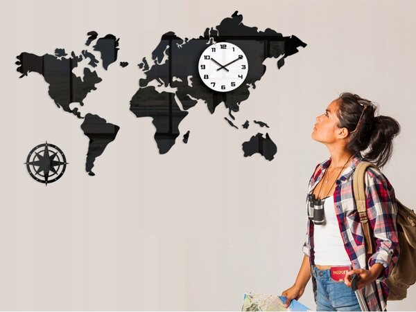 Zegar Ścienny w Stylu Nowoczesnym Akrylowy Mapa Swiata Black 120 x70