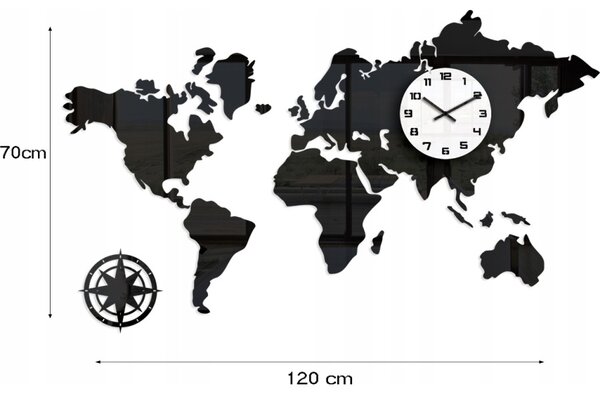 Zegar Ścienny w Stylu Nowoczesnym Akrylowy Mapa Swiata Black 120 x70