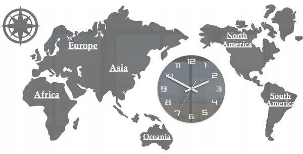 Zegar Ścienny w Stylu Nowoczesnym Akrylowy Mapa Świata 110x55 Szara