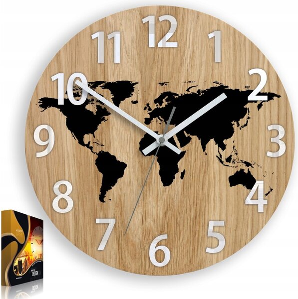 Zegar Ścienny Drewniany Dębowy Akrylowy Mapa Wood Czarna Cyfry 33cm