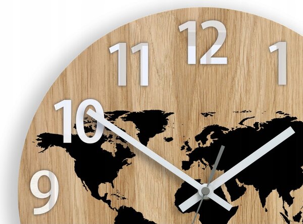 Zegar Ścienny Drewniany Dębowy Akrylowy Mapa Wood Czarna Cyfry 33cm