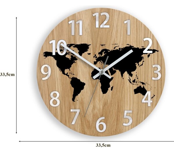 Zegar Ścienny Drewniany Dębowy Akrylowy Mapa Wood Czarna Cyfry 33cm