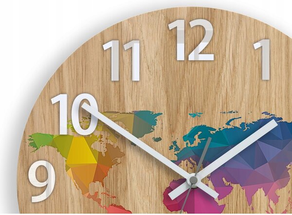 Zegar Ścienny Drewniany Dębowy Akrylowy Mapa Wood Kolorowa z Cyframi 33cm