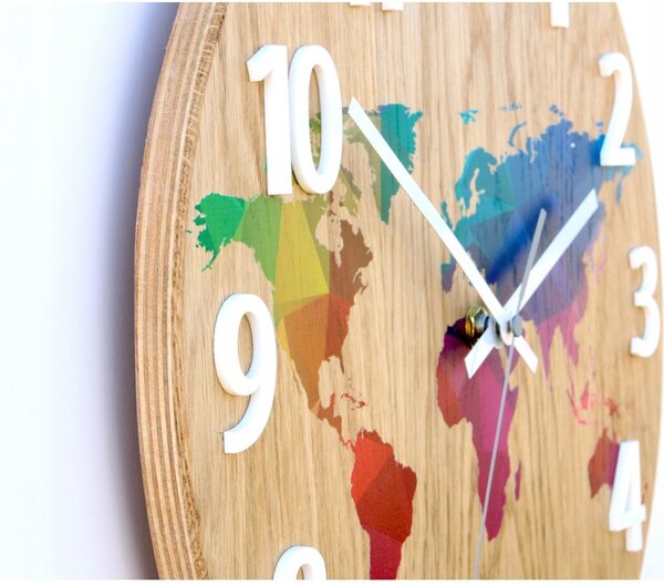Zegar Ścienny Drewniany Dębowy Akrylowy Mapa Wood Kolorowa z Cyframi 33cm