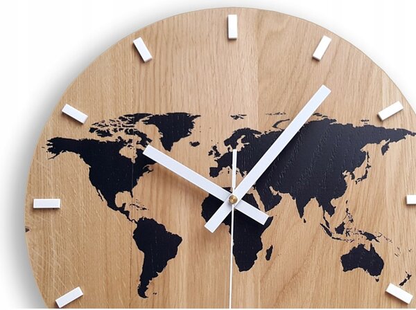 Zegar Ścienny Drewniany Dębowy Akrylowy Kwarcowy Mapa Wood Black
