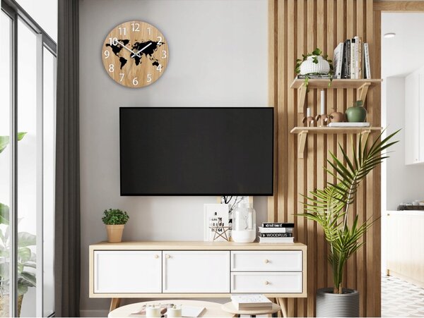 Zegar Ścienny Drewniany Dębowy Akrylowy Mapa Wood Czarna Cyfry 33cm