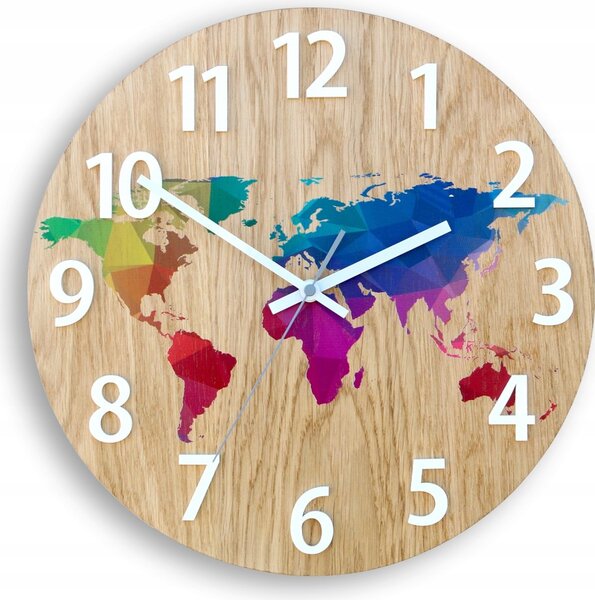 Zegar Ścienny Drewniany Dębowy Akrylowy Mapa Wood Kolorowa z Cyframi 33cm