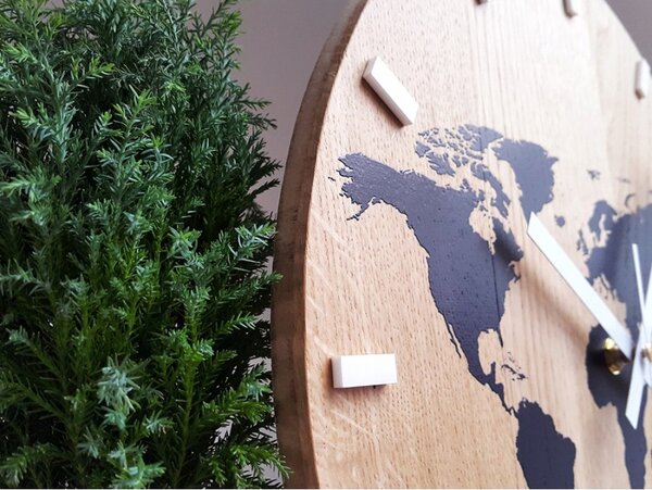 Zegar Ścienny Drewniany Dębowy Akrylowy Kwarcowy Mapa Wood Black