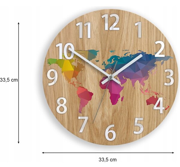 Zegar Ścienny Drewniany Dębowy Akrylowy Mapa Wood Kolorowa z Cyframi 33cm