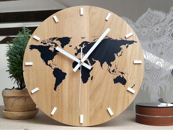 Zegar Ścienny Drewniany Dębowy Akrylowy Kwarcowy Mapa Wood Black