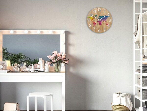 Zegar Ścienny Drewniany Dębowy Akrylowy Mapa Wood Kolorowa z Cyframi 33cm