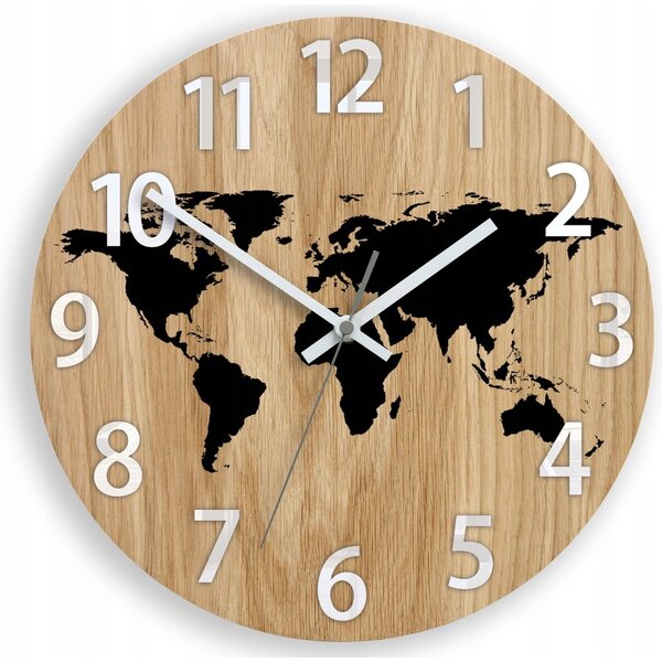 Zegar Ścienny Drewniany Dębowy Akrylowy Mapa Wood Czarna Cyfry 33cm
