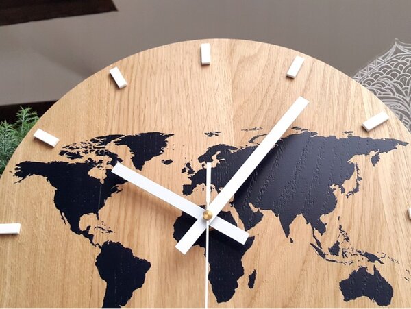 Zegar Ścienny Drewniany Dębowy Akrylowy Kwarcowy Mapa Wood Black