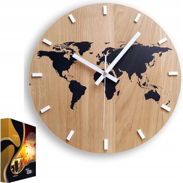 Zegar Ścienny Drewniany Dębowy Akrylowy Kwarcowy Mapa Wood Black