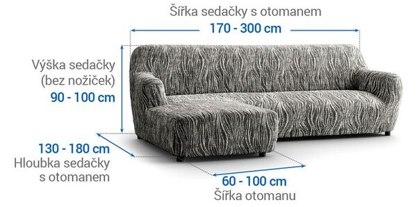Bi-elastyczne pokrowce UNIVERSO NOWE cieniowane czarno-białe narożnik z otomaną po lewej stronie (sz. 170 - 300 cm)