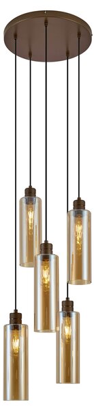 Lampa wisząca w stylu hotelowym, ciemny brąz z bursztynowym szkłem, 5-punktowa - Stavelot
