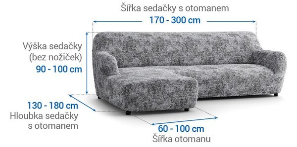 Bi-elastyczne pokrowce MARMO szare narożnik z otomaną po lewej stronie (sz. 170 - 300 cm)