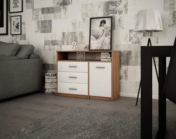 Komoda do salonu z szufladami i półkami dąb sonoma + biały K0-N12