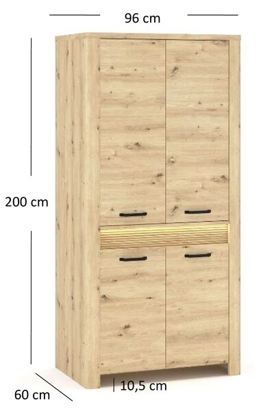 Szafa czterodrzwiowa z półkami i drążkiem podświetlana dąb artisan W3-M65