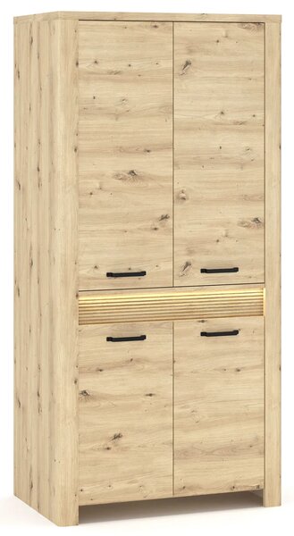 Szafa czterodrzwiowa z półkami i drążkiem podświetlana dąb artisan W3-M65