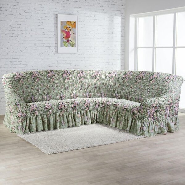 Napinające pokrowce z falbaną FIORELA zielone kanapa narożnikowa (sz. 350 - 530 cm)