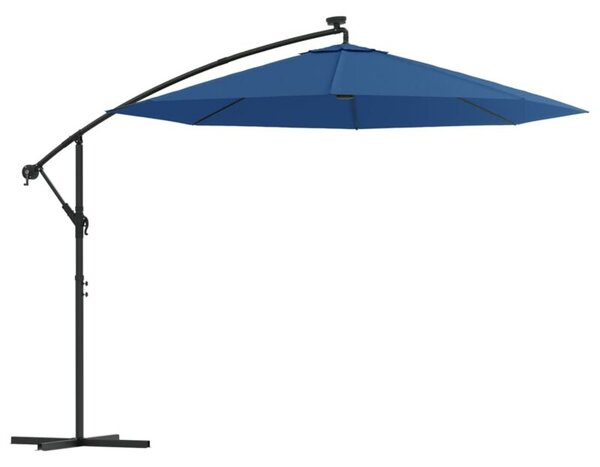 Parasol wiszący z LED i stalowym słupkiem, 300 cm, niebieski
