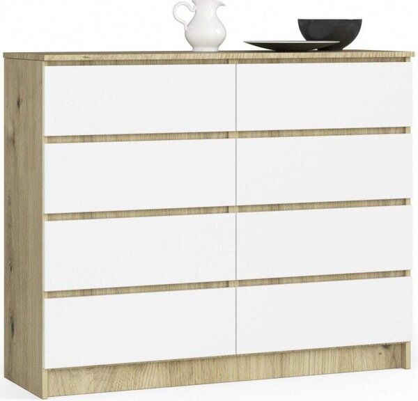 Komoda do salonu, sypialni, STILO, 8 szuflad, 120x40x99 cm, dąb artisan, biel, mat | TYLETEGOTU