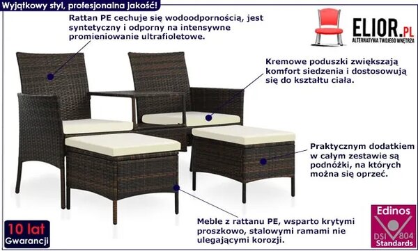 Brązowa sofa ogrodowa z polirattanu ze stolikiem N6-P94