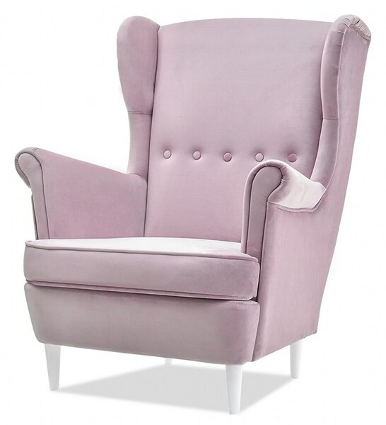 Stylowy fotel malmo liliowy welurowy uszak glamour na białych nóżkach