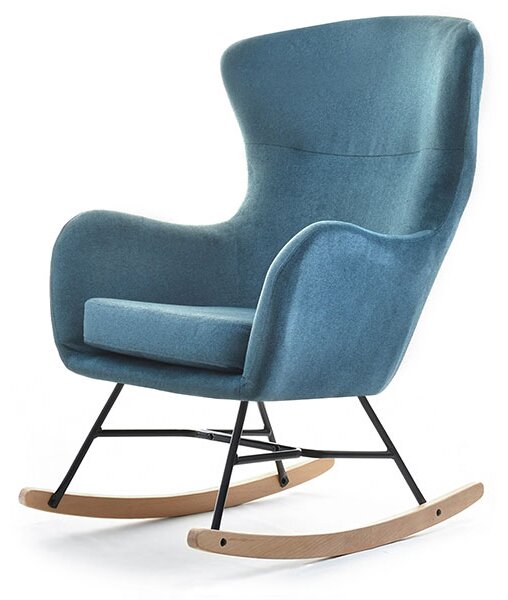Designerski bujak nesta turkusowy fotel bujany na bukowych płozach z drewna
