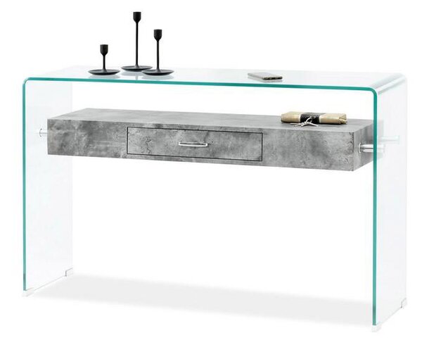 Oryginalna konsola z giętego szkła z półką i szufladą opal beton