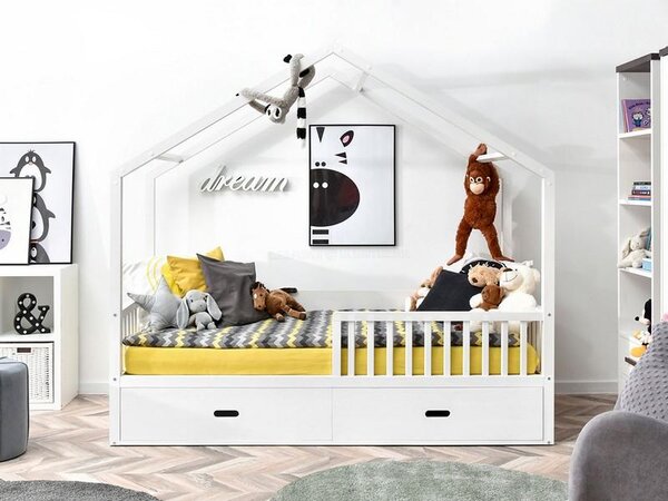 Łóżko dziecięce home biały domek z naturalnego drewna z szufladami i barierkami