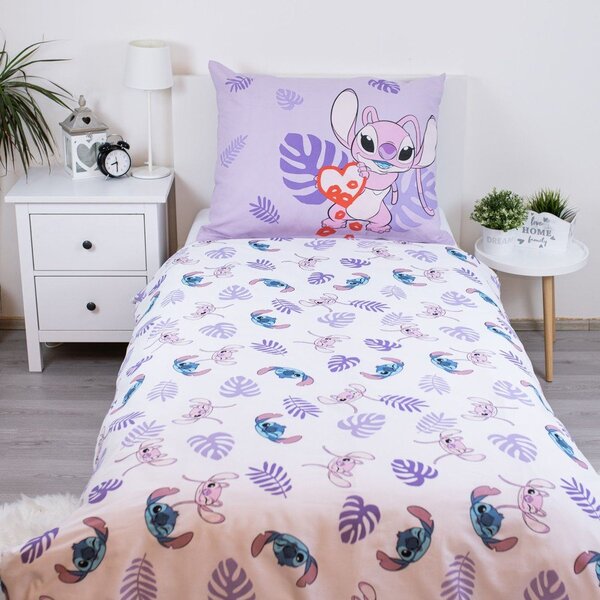 Fioletowa bawełniana pościel dziecięca jednoosobowa 140x200 cm Lilo and Stitch "Kiss" – Jerry Fabrics