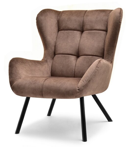 Pikowany fotel z weluru noel brązowy w stylu uszak na czarnej podstawie z metalu