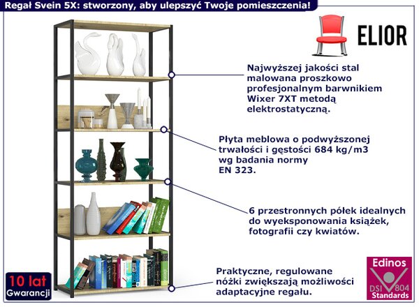 Industrialny Regał Czarny Czarny Z 6 Półkami + Dąb Artisan M4-A40