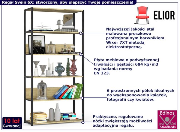 Otwarty regał z 6 półkami czarny + dąb artisan T8-P05