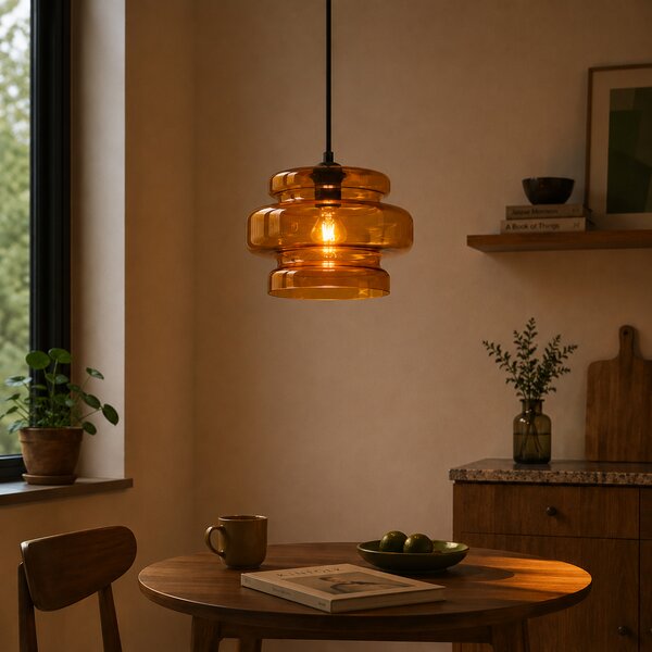 Retro Lampa Wisząca Czarna z Pomarańczowym Szkłem - Denise