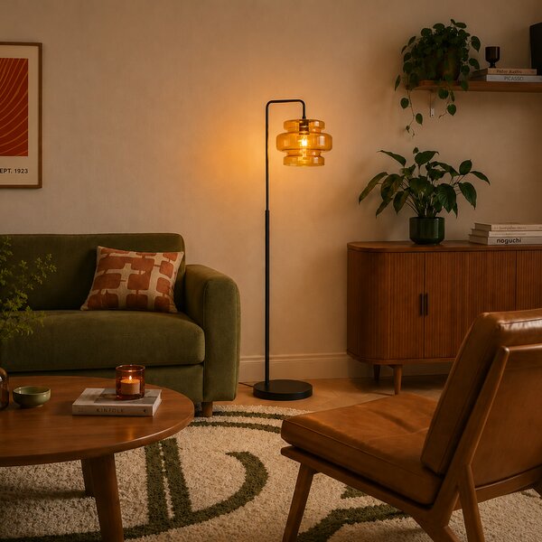 Lampa podłogowa w stylu retro czarna z pomarańczowym szkłem - Denise