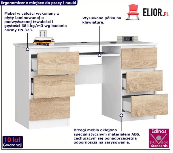 Biurko młodzieżowe białe+dąb sonoma K3-T01