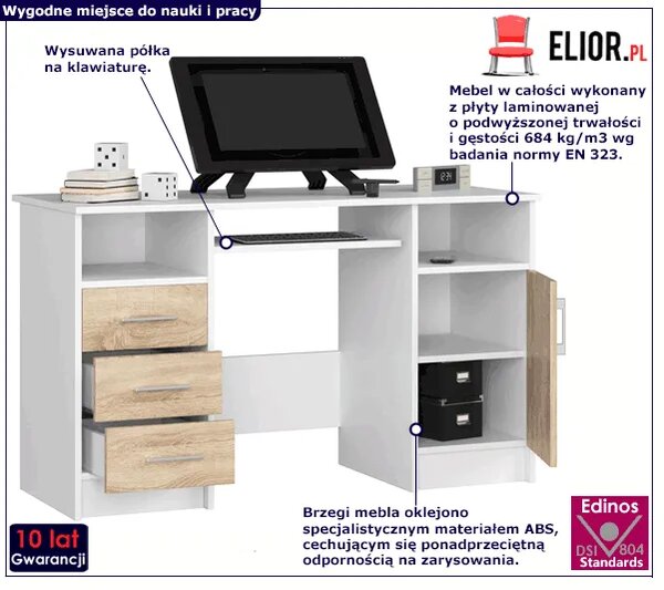 Biurko skandynawskie białe + dąb sonoma K7-W65