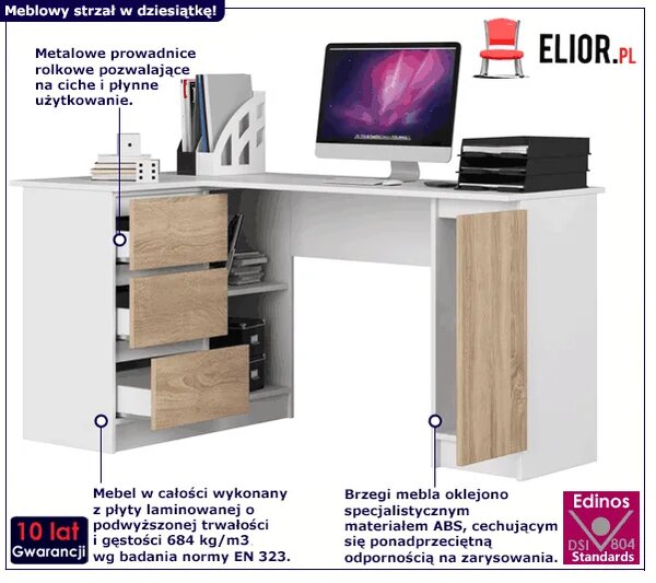 Biurko narożne młodzieżowe biały + dąb sonoma lewostronne G2-D63