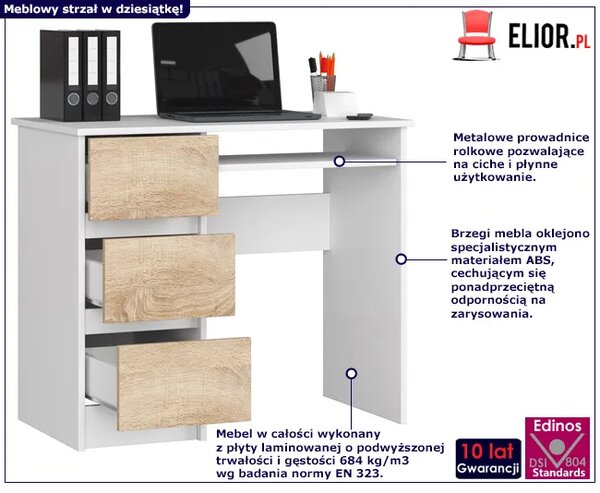 Minimalistyczne biurko do nauki białe + dąb sonoma R2-A49