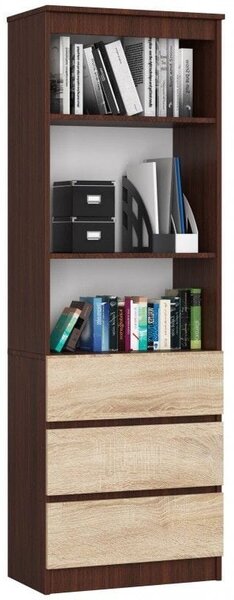 Regał do salonu, 3 szuflady, półki, ARLO, 60x35x180 cm, wenge, dąb sonoma, mat | TYLETEGOTU