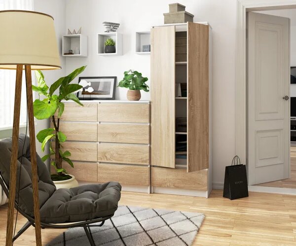 Minimalistyczny regał do salonu biały + dąb sonoma L6-K43