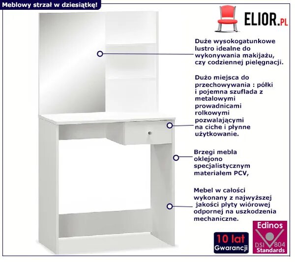 Biała wąska toaletka z szufladą i lustrem P9-P22