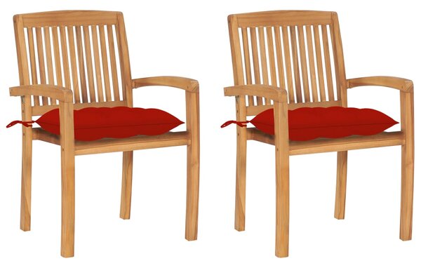 Krzesła ogrodowe, 2 szt., czerwone poduszki, drewno tekowe