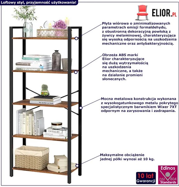 Loftowy regał do salonu z 5 półkami E8-P36