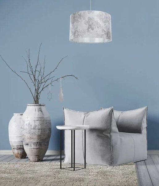 Srebrna lampa wisząca z nadrukiem na kloszu - S393 T7-F60